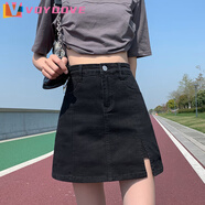 VOYDOVE高腰開叉牛仔短裙女夏季顯瘦a字裙百搭辣妹大碼包臀褲裙半身裙子 黑色 高質(zhì)量 S 【建議 85-100斤】