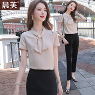 晨芙職業(yè)雪紡襯衫女短袖夏季新款時(shí)尚蝴蝶結(jié)設(shè)計(jì)感小眾v領(lǐng)上衣氣質(zhì)修身顯瘦珠寶店美容師上班族工作服 單件杏色襯衫 XL（建議110-120斤）