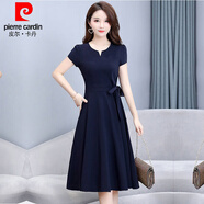 皮爾卡丹（pierre cardin）夏季短袖連衣裙寬松顯瘦大碼女裝休閑遮肚中長(cháng)款高腰純色蓬蓬裙 藏青色302%23 2XL :建議119-129斤