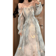 元蓓盈度假風(fēng)泰國海邊旅游氣質(zhì)灰藍色暈染仙氣蝴蝶燙金荷葉邊長(cháng)袖連衣裙 霧霾藍 【收藏店鋪優(yōu)先發(fā)貨】 L 105-120斤