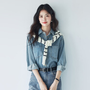 伊芙麗（eifini）蔣欣代言【爆款延續】復古藍色牛仔襯衣女通勤女裝外套 淺藍 M 110-125斤