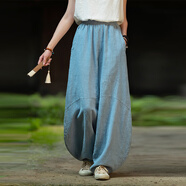 清河煙雨苧麻高端休閑褲佛系禪意寬松燈籠褲禪修闊腿褲春秋夏中式棉麻女裝 煙藍 L