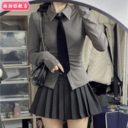 柏潮純欲風(fēng)辣妹皺褶襯衫套裝女冬季顯瘦高腰百褶裙修身襯衣長(cháng)袖上衣潮 三件套 長(cháng)袖襯衫+黑百褶裙+黑領(lǐng) M碼 建議90-105斤