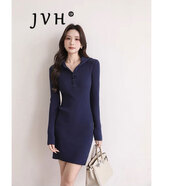 JVH香港潮牌長袖針織衫連衣裙女 2025春季新款小個子修身包臀短裙子 深藍色 S