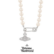 薇薇安·威斯特伍德（Vivienne Westwood）明星西太后正品珍珠項鏈毛衣鏈土星別針鎖骨鏈送女友生日禮物 銀色--土星別針珍珠鏈