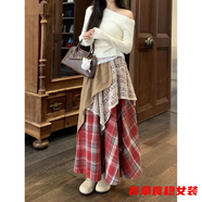 柒十念森女復(fù)古半身裙不規(guī)則A版重工格子蕾絲拼接半裙高腰顯瘦長(zhǎng)裙 紅色 S 160