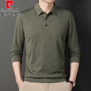 皮爾卡丹（pierre cardin）春秋裝條紋印花爸爸長(cháng)袖T恤男全棉翻領(lǐng)大碼上衣中年男純棉打底衫 826綠色 M 165/105(100-120斤)