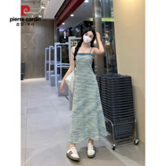 皮爾卡丹（pierre cardin）大尺碼條紋連衣裙女胖mm微胖吊帶裙子美式牛仔外套兩件套顯瘦套裝 藍(lán)色長款吊帶裙 2XL (建議140~160斤)
