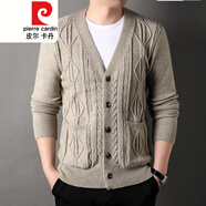 皮爾卡丹（pierre cardin）男士開(kāi)衫粗紡棒針菱格厚款開(kāi)衫提個(gè)性毛衣針織衫外套8512 駝色 L (110)