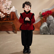 安妮優(yōu)兒男童冬唐裝男寶寶周歲禮服拜年服兒童過(guò)年喜慶漢服 紅色套裝 150