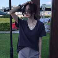 蕓玫兒（yunmeier）短袖t恤女2025年夏季新款夏天V領竹節(jié)純短袖T恤女2025夏季韓版寬 黑色 L