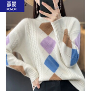 羅蒙（ROMON）女裝針織衫秋冬23新款半高領(lǐng)長(cháng)袖撞色菱形毛衣寬松套頭拼色打底衫 白色 S