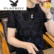 花花公子（PLAYBOY）高端冰絲t恤男士短袖網(wǎng)紗鏤空薄款冰感速干體恤衫男半袖潮流修身 8865 -藍(lán)色 M (95-110斤
