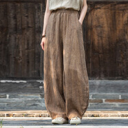 清河煙雨棉麻女裝春秋季苧麻扎染做舊休閑褲中式禪修高腰寬松燈籠褲闊腿褲 茶棕色 【扎染】 L