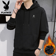 花花公子（PLAYBOY）衛(wèi)衣男春秋季長(zhǎng)袖T恤男士外套休閑男裝寬松上衣服 黑色加絨- 2XL