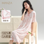 瑪倫薩純棉睡裙女可外穿5A抑菌2025新款夏季短袖中長(zhǎng)款印花系帶V領(lǐng)睡衣