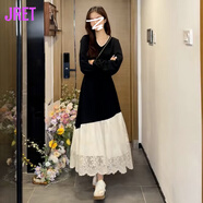Jret假兩件蕾絲拼接藍(lán)色長袖連衣裙子女早春裝2025新款感法式長裙 黑色連衣裙【韓系氛圍感穿搭/釣 XL 60/65kg