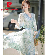 皮爾卡丹（pierre cardin）水墨印花真絲連衣裙夏季2025年新款抽繩氣質(zhì)桑蠶絲收腰中長(cháng)款裙子 圖片色 XL 125-135斤