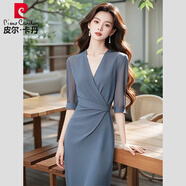 皮爾卡丹法式雪紡連衣裙女夏季超好看氣質(zhì)高端精致大方得體正式場(chǎng)合裙子 主圖款-灰藍色 S 建議80-95斤