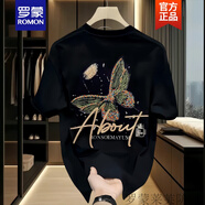 羅蒙（ROMON）夏季ins休閑時(shí)尚百搭寬松上衣潮流美式潮牌設計感印花短袖t恤男女 黑色 3XL 【合適160-180斤】
