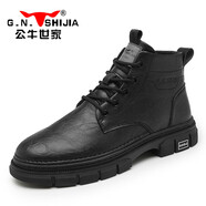 公牛世家（G.N.Shi Jia）馬丁靴復古男士工裝靴2024新款冬季加絨真皮英倫休閑鞋男 黑色 40