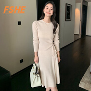 FSHE法式連衣裙女秋冬修身純色套頭中長(zhǎng)款毛衣裙過(guò)膝針織裙子 米杏色 L
