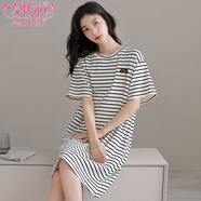莫代爾夏季薄款睡裙女短袖純棉睡衣連衣裙女生寬松中長(zhǎng)款全棉休閑家居服 X1511小熊細(xì)條 L 衣長(zhǎng)94適合100-120斤