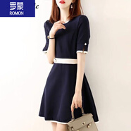 羅蒙（ROMON）女裝連衣裙女2025夏季新款法式奢時(shí)尚洋氣質(zhì)收腰顯瘦圓領(lǐng)溫柔風(fēng)裙 藏青色 L