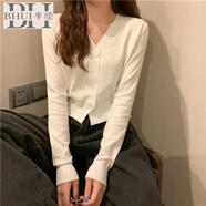 半繪秋季2025新款韓版甜美V領(lǐng)長袖針織衫女百搭寬松短款開衫上衣毛衣 白色 S