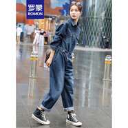 羅蒙洋氣高腰牛仔連體褲套裝女2023秋冬新款寬松磨白休閑工裝連衣褲春 牛仔藍 L 100-110斤