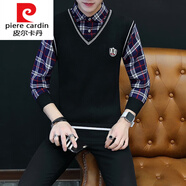 皮爾卡丹（pierre cardin）秋裝假兩件毛衣男士韓版假領(lǐng)針織衫帶領(lǐng)子長(cháng)袖衛衣襯衫領(lǐng)上衣潮流 T16黑色 M