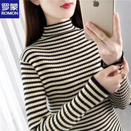 羅蒙（ROMON）2025秋冬打底衫女新款長(zhǎng)袖條紋毛衣高領(lǐng)修身內(nèi)搭拼色半高領(lǐng)針織衫 黑杏色 + L 建議116-130斤