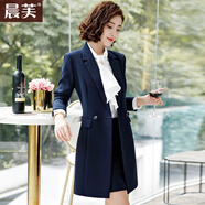 晨芙中長(cháng)款小西裝外套女氣質(zhì)職業(yè)套裝時(shí)尚風(fēng)衣大衣商務(wù)西服正裝工作服 藏藍色風(fēng)衣+半裙+長(cháng)褲 XL 建議110-122斤