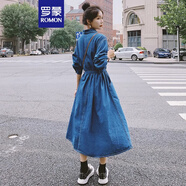 羅蒙法式復(fù)古牛仔連衣裙女春秋冬季2023新款氣質(zhì)高級感襯衫連身長裙子 牛仔藍(lán) M 推薦 105-125斤