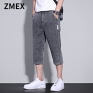 ZMEX牛仔短褲男士大碼夏秋薄款男款中褲胖子馬褲外穿牛仔褲男士七分褲 (單件裝)498灰色 XL_[120-135斤]
