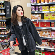 茵侈春季韓版黑色工裝中長(cháng)款牛仔外套女寬松bf港風(fēng)復古大口袋學(xué)生 黑灰色 2XL 碼建議125-140斤
