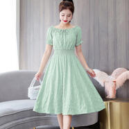 月袖大碼女裝一字肩雪紡連衣裙女2025夏季新款小心機收腰顯瘦中長(cháng)款裙 綠色 XL 115-130斤