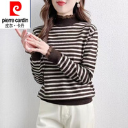皮爾卡丹（pierre cardin）半高領(lǐng)條紋針織打底衫女早秋23新款內搭薄款毛衣長(cháng)袖蕾絲邊上衣 焦糖色 XL 【建議120-130斤】