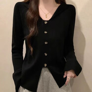 沂歆毛衣女針織衫打底衫春季2025新款v領內(nèi)搭上衣修身顯瘦洋氣小個子 【黑色】微喇叭袖開叉針織衫 均碼 【建議體重約80-115斤】