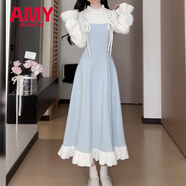 愛麥依松本木耳邊假兩件針織連衣裙子女春季新款內(nèi)搭打底長裙子春季喪喪 長款連衣裙 M 95-105斤