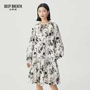 深呼吸DEEP BREATH女裝復古高腰印花燈籠袖連衣裙傘裙A500367 杏-黑碎花 XL (5)