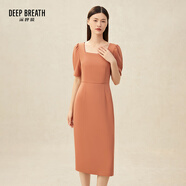 深呼吸DEEP BREATH女裝方領(lǐng)泡泡袖高腰洋裝氣質(zhì)連衣裙小黑裙8500129 粉卡其 M (3碼)