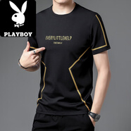 花花公子（PLAYBOY）絲光棉短袖T恤潮流印花冰蠶絲體恤衫男士中青年圓領上衣服 2018鋼鐵金【黑色】 M 165/ 建議90-110斤