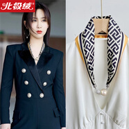 北極絨磁扣絲巾女春秋薄款護(hù)脖子懶人磁吸扣絲巾小長(zhǎng)條領(lǐng)巾護(hù)頸珍珠項(xiàng)鏈 幾何回形黃