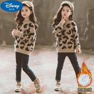 迪士尼兒童羊毛衫女童毛衣秋冬季中大童洋氣套頭水貂絨加絨針織打底衫 豹紋 【加/絨】D26仿貂絨豹紋 120