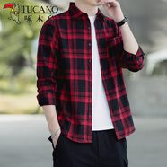 啄木鳥(niǎo)長(cháng)袖襯衫男春秋季外套男士休閑上衣服男裝青年潮流百搭格子襯衣男  CS1919紅黑格 3XL