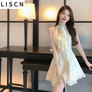 LISCN無袖雪紡連衣裙女夏季2024新款法式名媛不規(guī)則收腰性感掛脖短裙子 杏色連衣裙 S [85一95斤]
