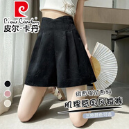 皮爾卡丹（pierre cardin）夏季薄款緞面提花A字高腰闊腿短褲女新款顯瘦花苞腰休閑國(guó)風(fēng)褲子 緞面提花短褲黑色夏 松緊腰 S