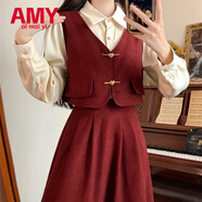 愛(ài)麥依夏季連衣裙長(cháng)袖假兩件套裝裙法式大碼女裝收腰背帶裙子 紅色長(cháng)袖假兩件#943 M 建議80-105斤