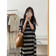 FSHE韓版慵懶風(fēng)寬松條紋懶人長(cháng)裙2025秋季新款套頭短袖長(cháng)款T恤連衣裙 灰黑條紋 2XL
